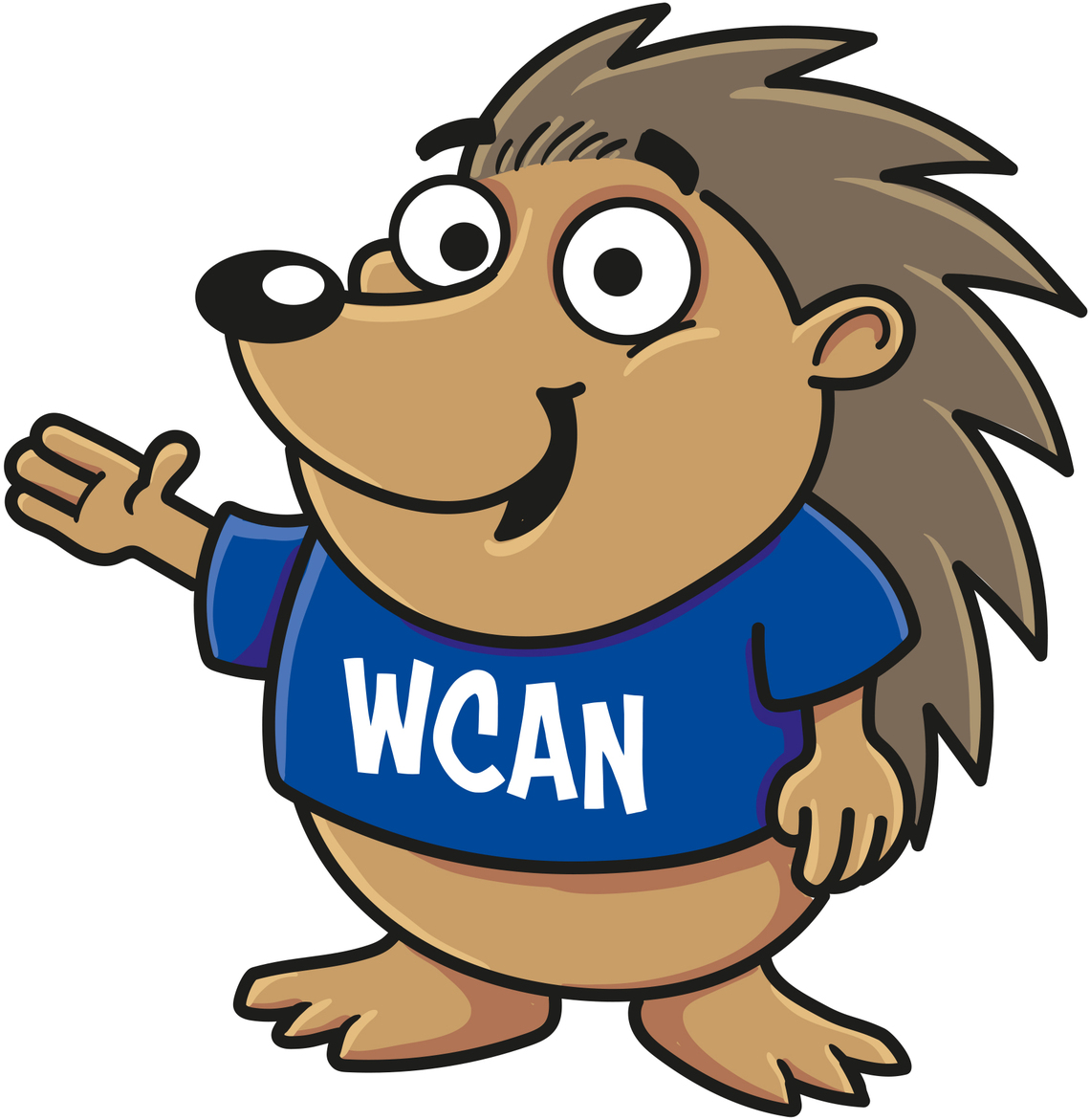 Cartoon Hedgehog with WCAN written on the front of their t-shirt