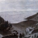 A view down the valley to Plymouth Sound. The site's attractions for a fine house are evident. The Lodge is in the foreground, while the Plymouth breakwater can be seen in the distance. With respect to dating, the vessels are all sailing ships; no steam power is evident. Also, the breakwater appears to be not quite complete. This suggests the picture was drawn not long before 1841. A view down the valley to Plymouth Sound. The site's attractions for a fine house are evident. The Lodge is in the foreground, while the Plymouth breakwater can be seen in the distance. With respect to dating, the vessels are all sailing ships; no steam power is evident. Also, the breakwater appears to be not quite complete. This suggests the picture was drawn not long before 1841.