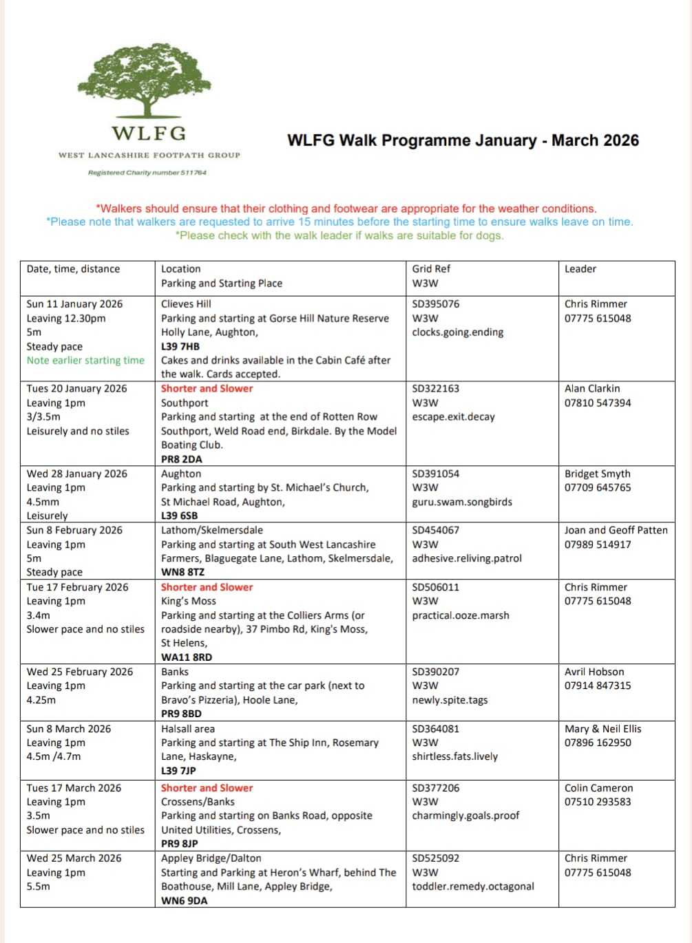 Walk programme Jan - March 2026