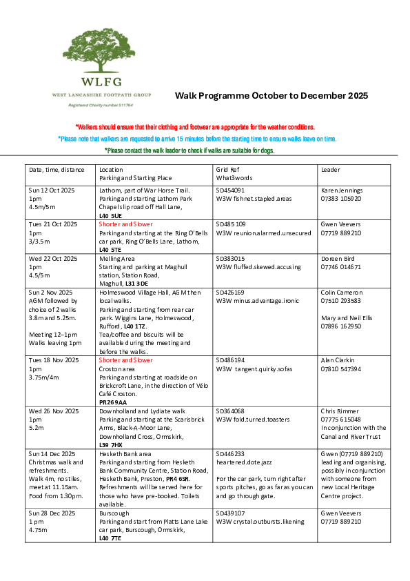 Walk programme Oct - Dec 2025